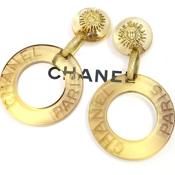 CHANEL Sun Motif Huge Lucite Hoop Dangle Earrings Gold Tone 95C w/Box USED x1130 - Picture 1 of 6